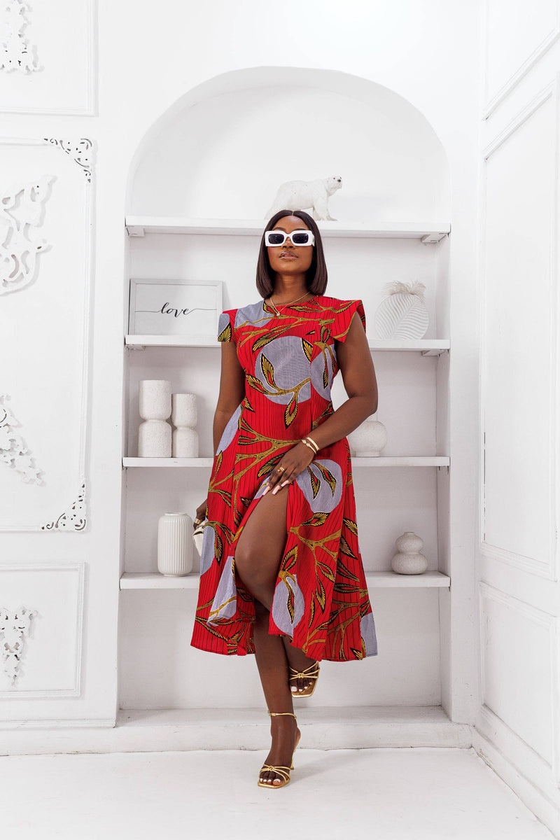 MINO AFRICAN PRINT MIDI DRESS [RED] - WHO'S THAT LADY BOUTIQUE